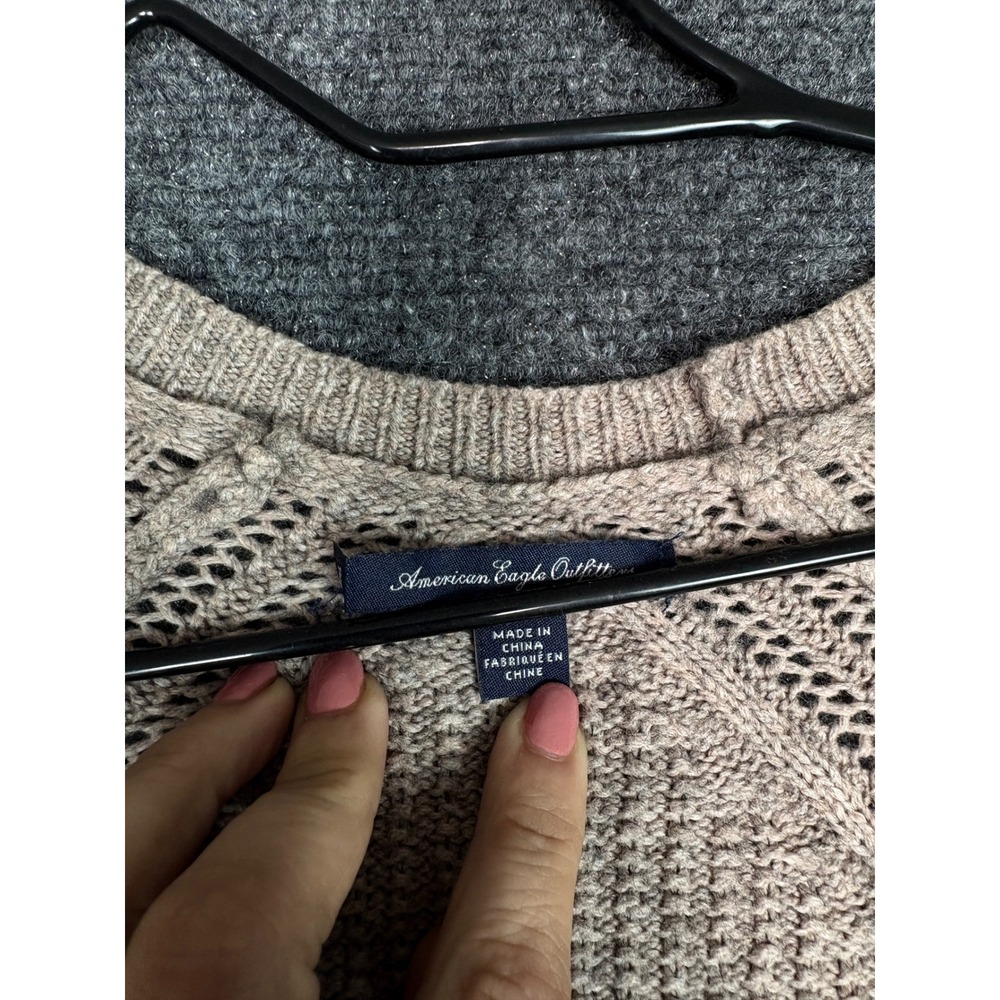 American Eagle Cardigan Sweater Womens M Tan Marl V-Neck Cable Pointelle Knit - Picture 9 of 11